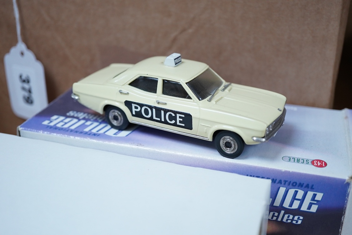 A collection of boxed diecast vehicles, mainly Police related, by Vanguards, Corgi, Cararama, etc. including a Brooklin Models white metal model of a 1972 Vauxhall Ventura (IPV04) in Huddersfield & District (West Yorkshi